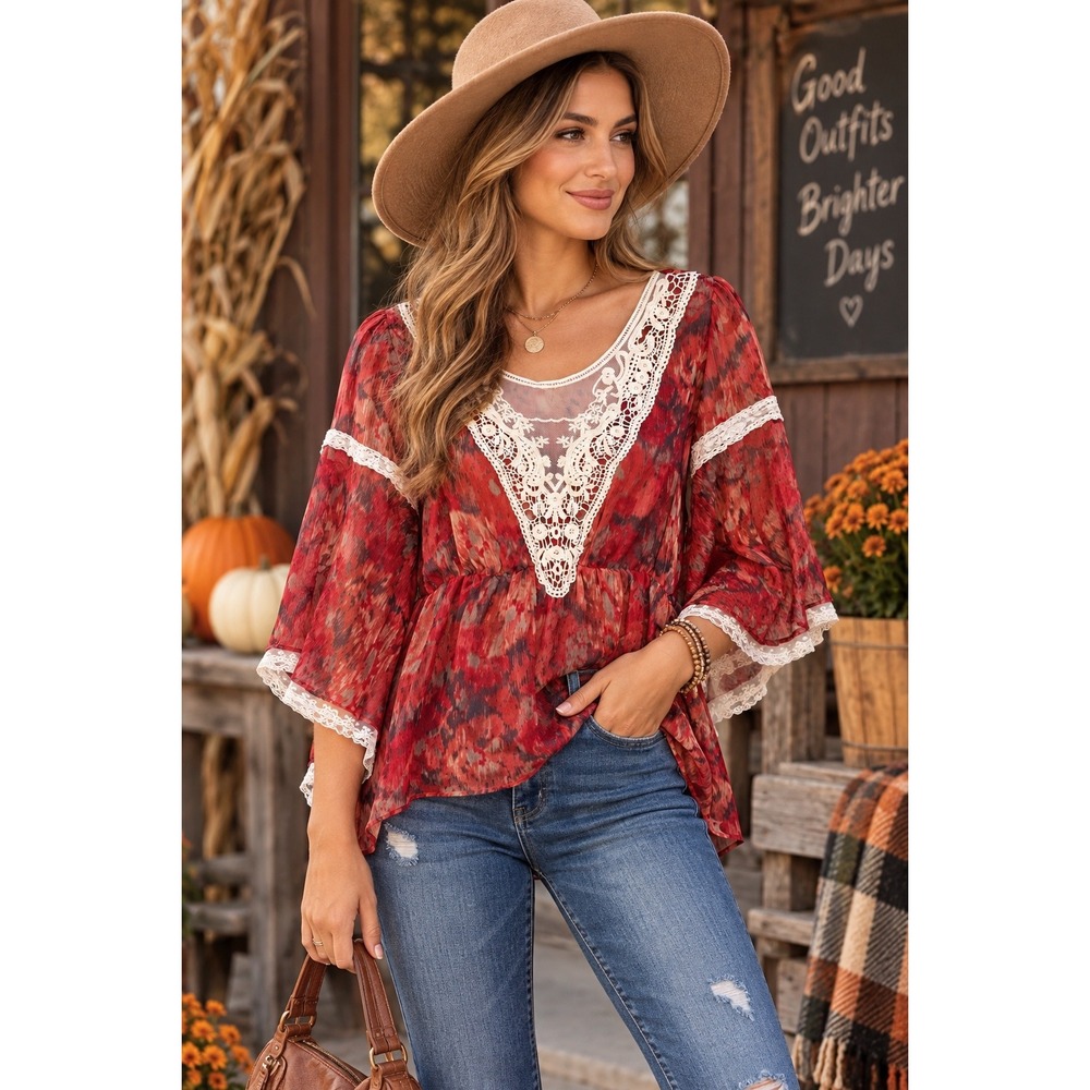 Womens Medium Red Boho Lace Peplum Blouse Kimono Sleeve Floral Festival Top